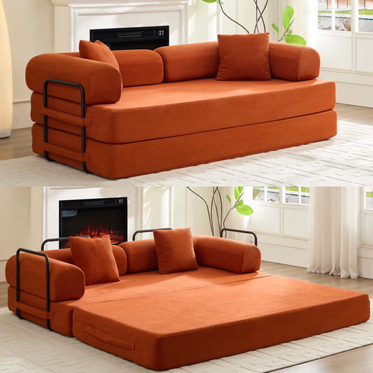Folding Sofa Bed | Convertible Futon Sleeper Couch | Modern Floor Mattress | Corduroy Sofas and Couches for Living Room - Orange