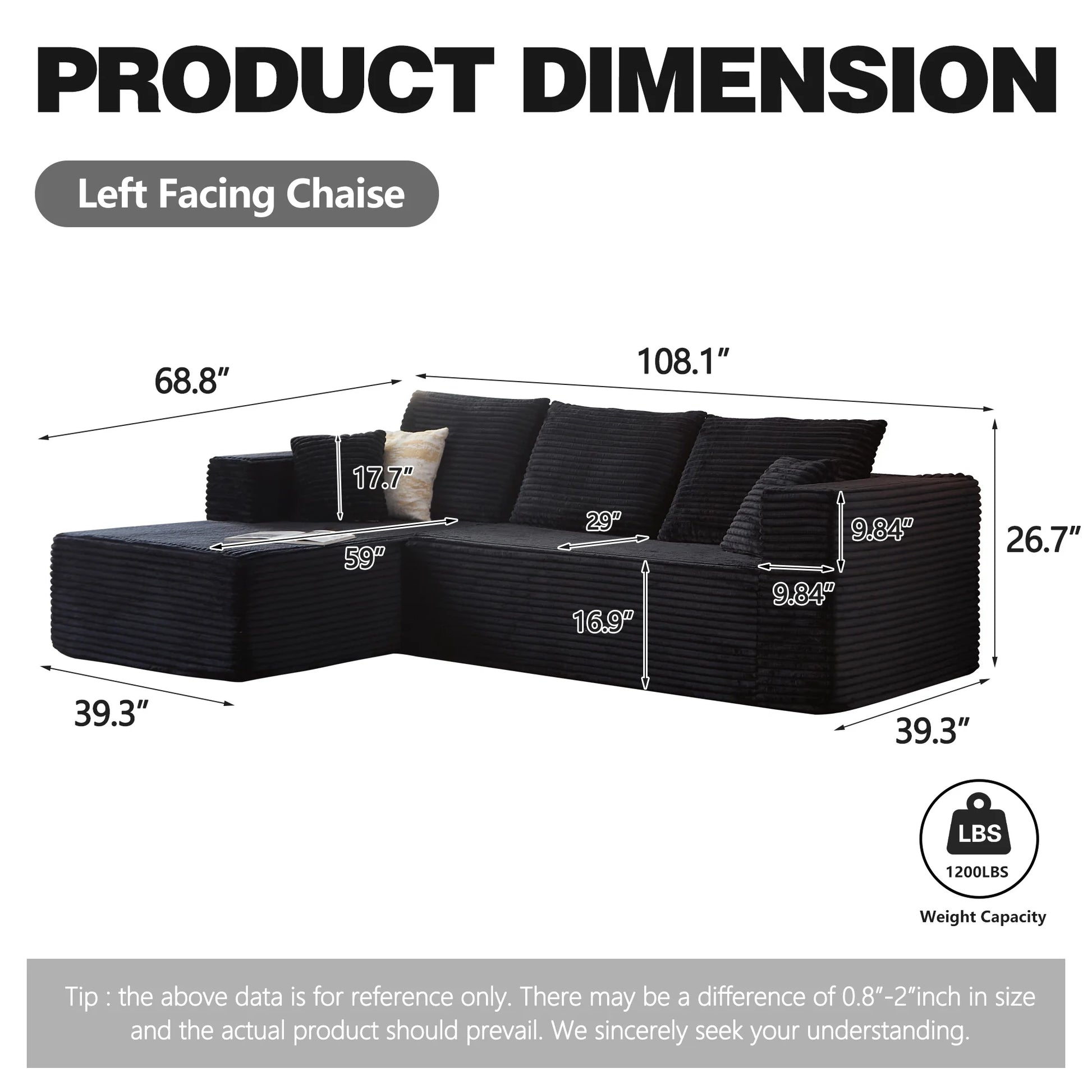 108" Modular Sectional Sofa, Cloud Boneless Couch with Deep Seats and Chaise, Modern Upholstered L-Shape Couch for Living Room or Bedroom, No Assembly Required