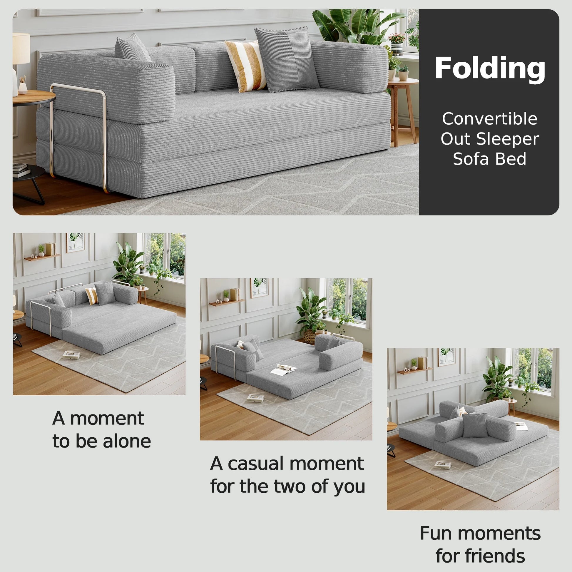 Convertible Sleeper Sofa Bed,Compressed Floor Boneless Couch,Modular Modern Corduroy Sofa for Living Room Bedroom,Easy Assembly(Grey)78.8''