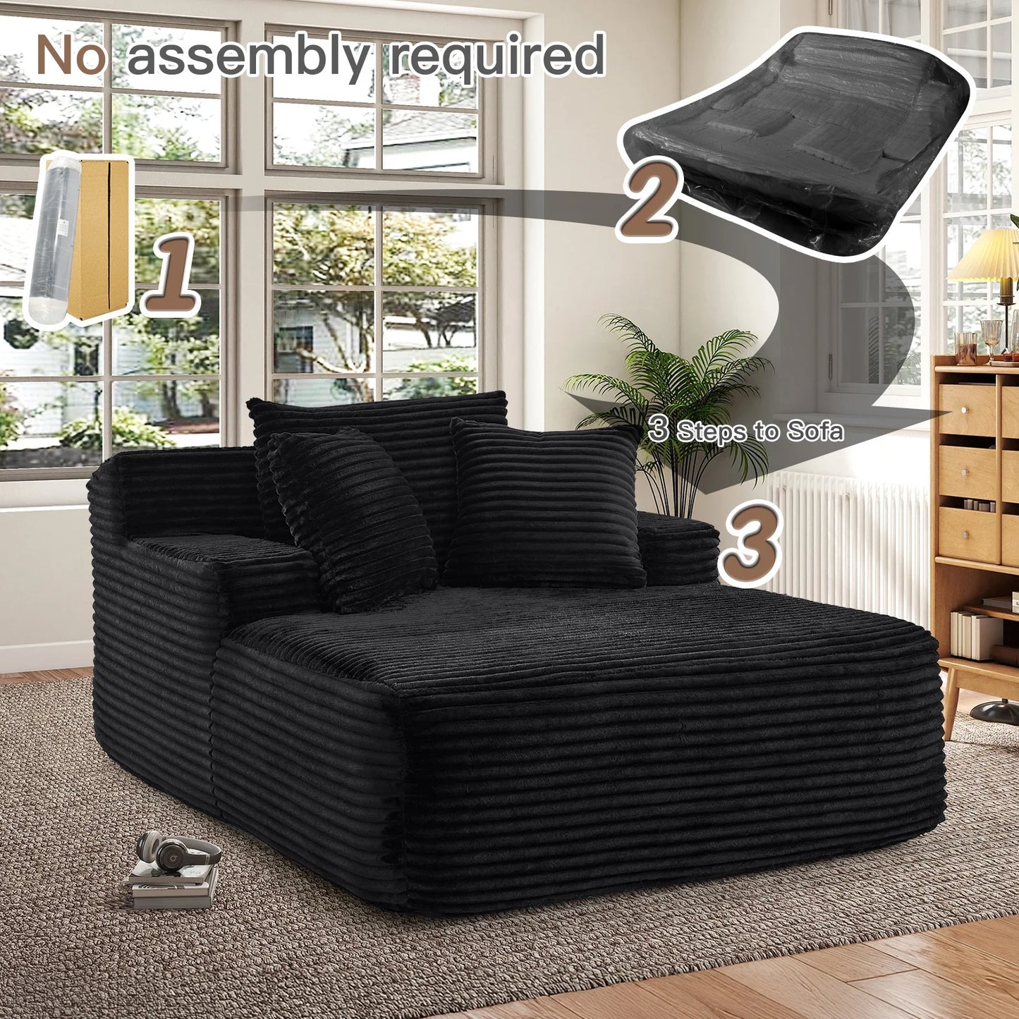 Oversized Chaise Lounge Chair Indoor, No Assembly Required, Plush Corduroy Cloud Floor Sofa Bed for Living Room, Black