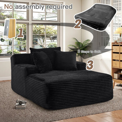 Oversized Chaise Lounge Chair Indoor, No Assembly Required, Plush Corduroy Cloud Floor Sofa Bed for Living Room, Black