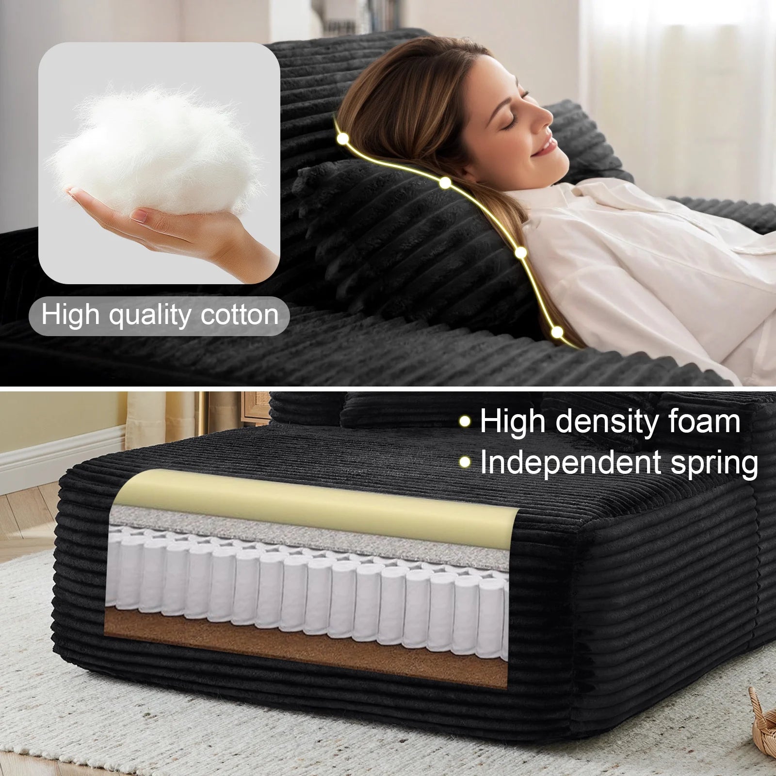 Oversized Chaise Lounge Chair Indoor, No Assembly Required, Plush Corduroy Cloud Floor Sofa Bed for Living Room, Black