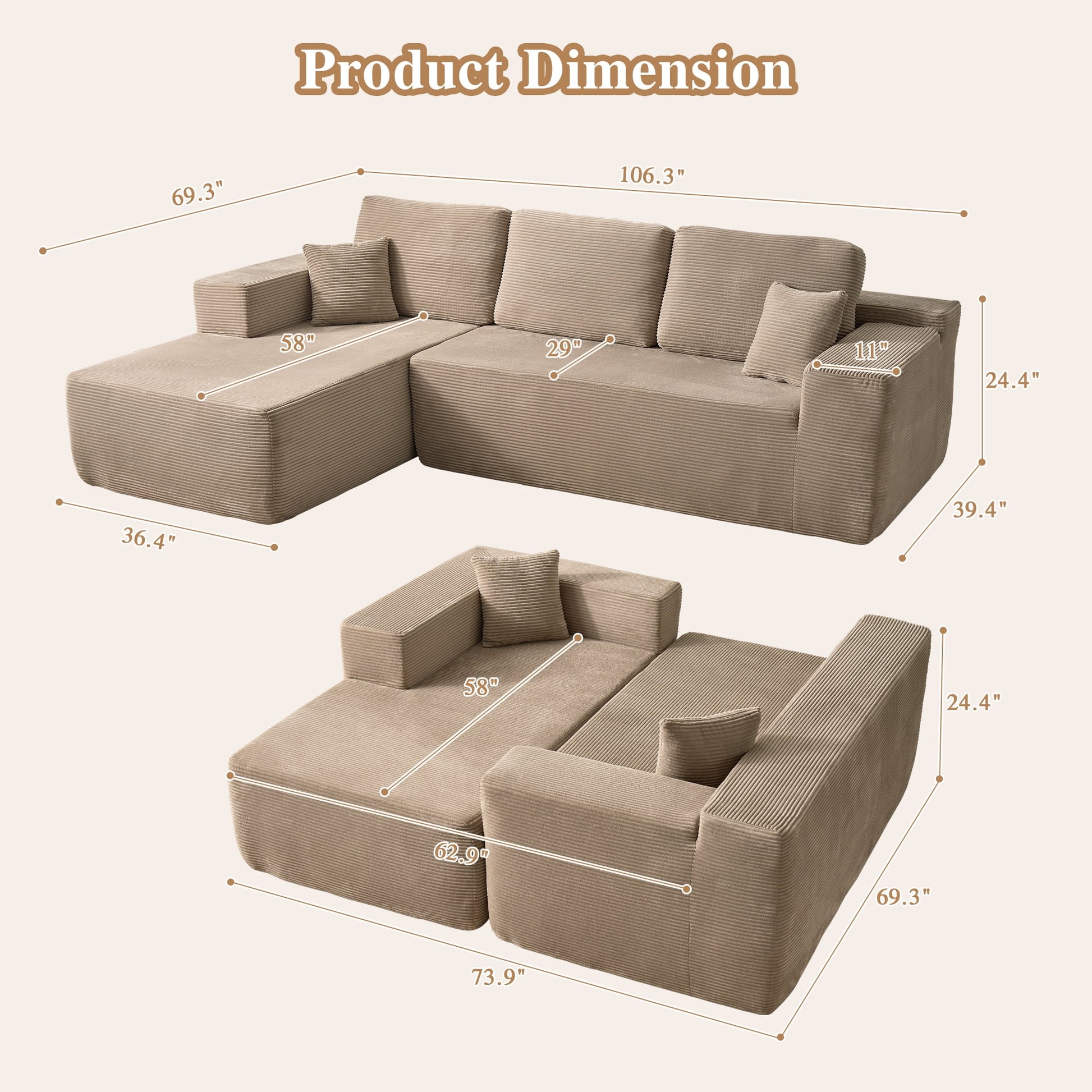 106" Cloud Sofa Couch No Assembly Boneless Deep Seat Sofa for Living Room, Camel(Corduroy)