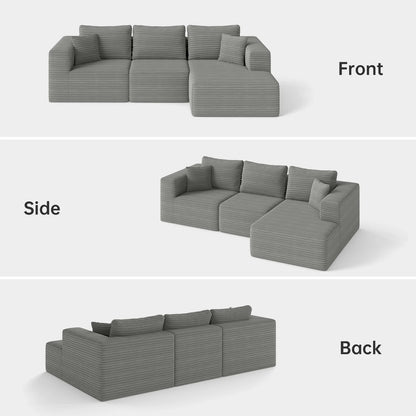 9X5 Feet Boneless Sectional Couch, L-Shaped Cloud Sofa, 3 Seat Modular Memory Foam Couch for Medium Room (Grey, Right Facing Chaise)