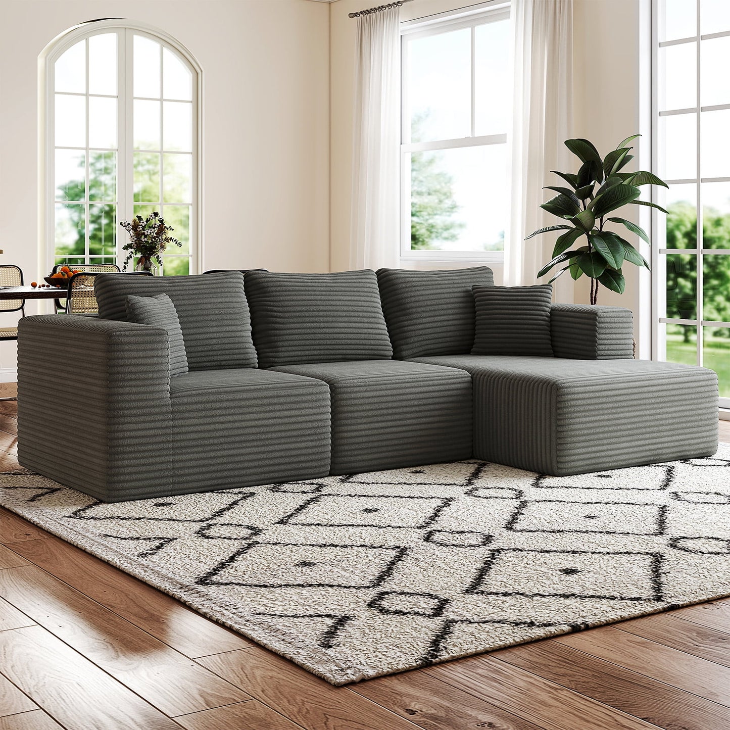 9X5 Feet Boneless Sectional Couch, L-Shaped Cloud Sofa, 3 Seat Modular Memory Foam Couch for Medium Room (Grey, Right Facing Chaise)