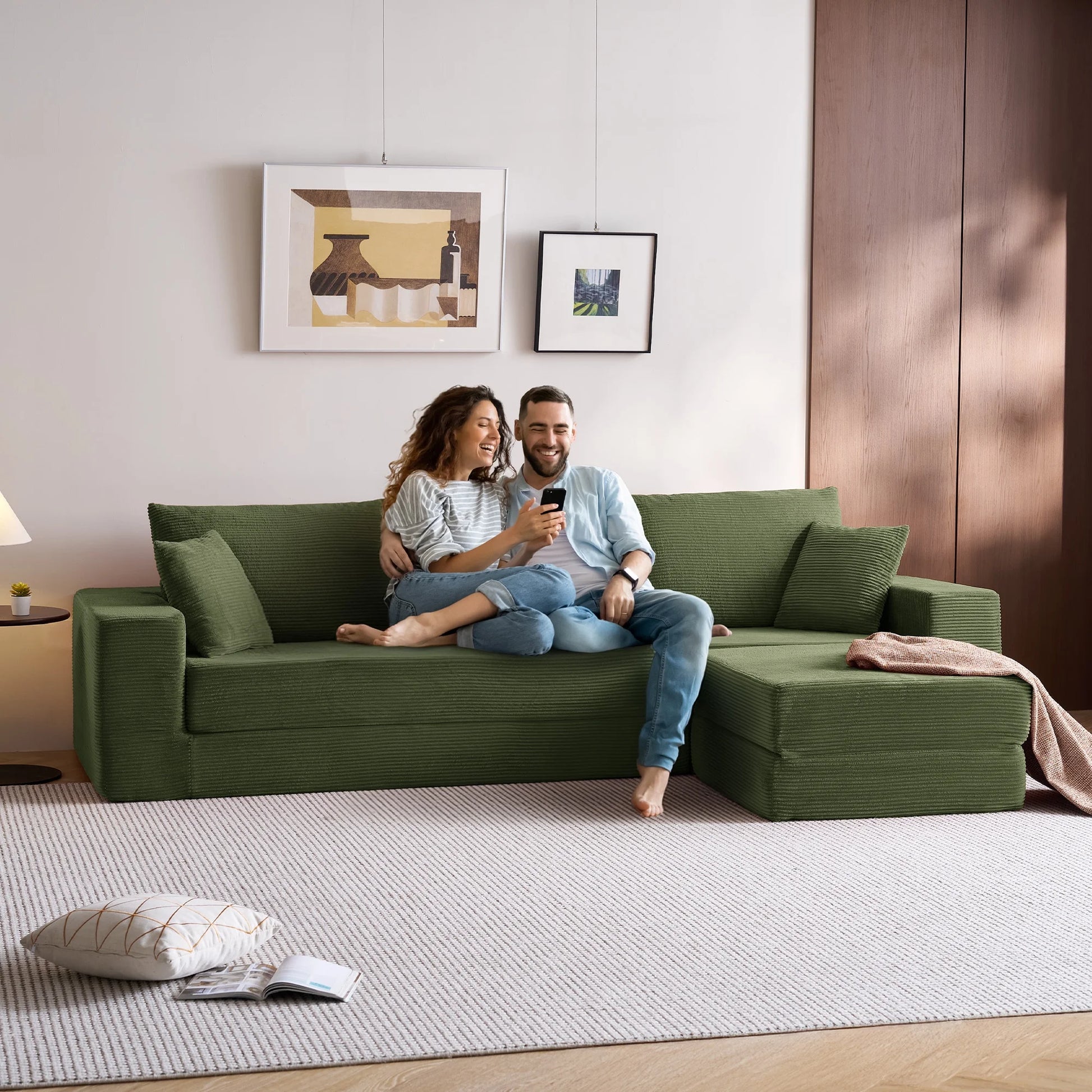 110" 4-In-1 Convertible Sectional Cloud Couch for Living Room, Modular Sleeper Sofa Bed with 2 Pillows, No Assembly Required, Green