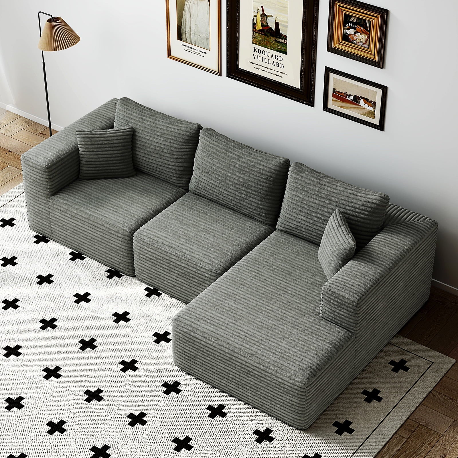 9X5 Feet Boneless Sectional Couch, L-Shaped Cloud Sofa, 3 Seat Modular Memory Foam Couch for Medium Room (Grey, Right Facing Chaise)