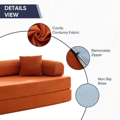 Folding Sofa Bed | Convertible Futon Sleeper Couch | Modern Floor Mattress | Corduroy Sofas and Couches for Living Room - Orange