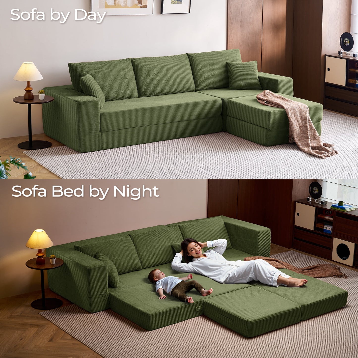 110" 4-In-1 Convertible Sectional Cloud Couch for Living Room, Modular Sleeper Sofa Bed with 2 Pillows, No Assembly Required, Green
