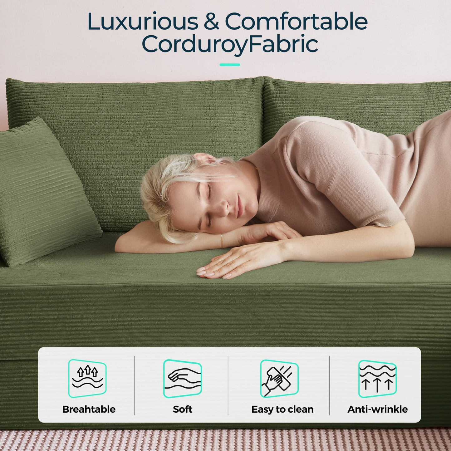110" 4-In-1 Convertible Sectional Cloud Couch for Living Room, Modular Sleeper Sofa Bed with 2 Pillows, No Assembly Required, Green
