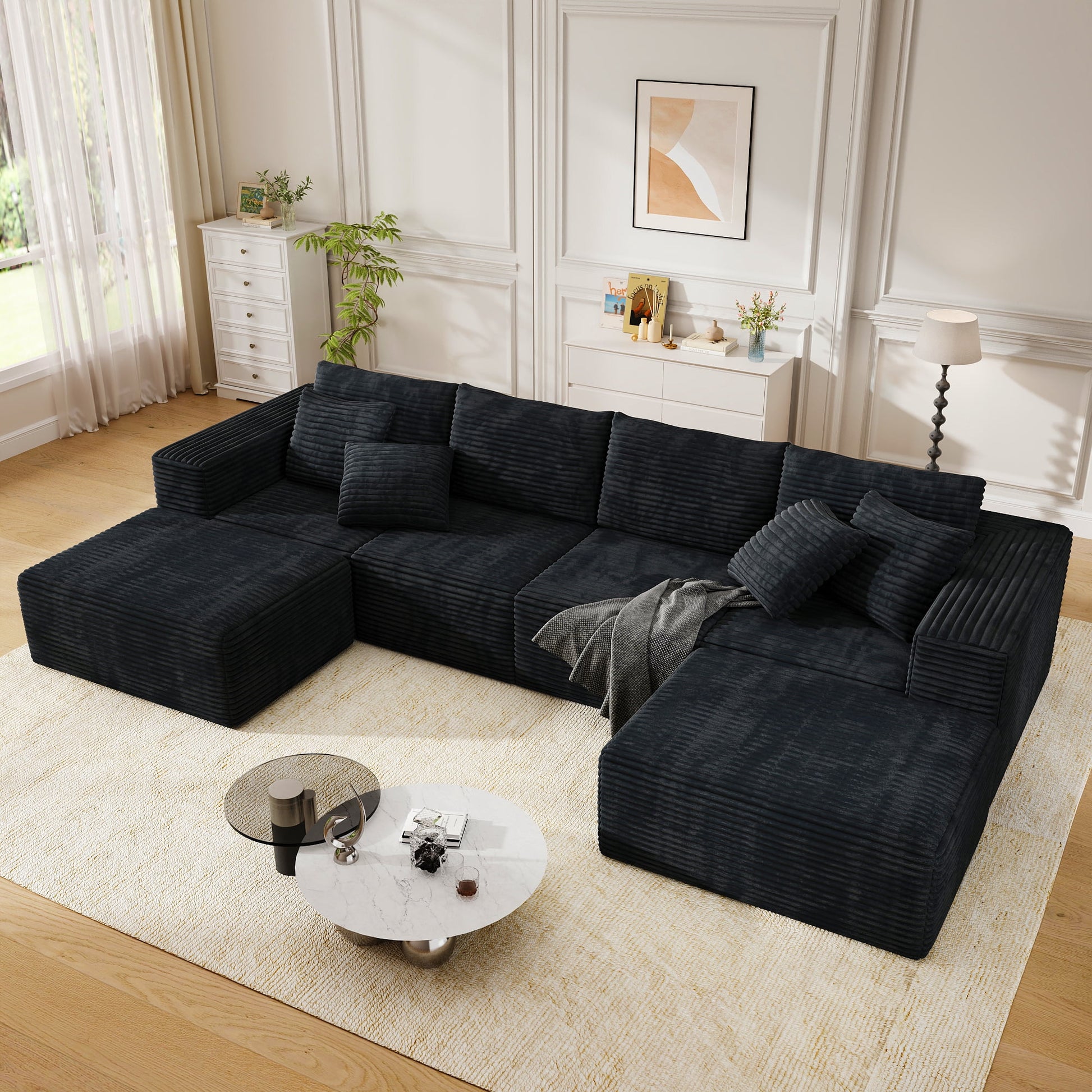 137" U-Shaped Sectional Sofa with Chaise, Modular Cloud Sectional Couch with Deep Seat for Living Room, Modern Boneless Couch with Back Cushion, Pillow, Ottoman, No Assembly Required, Corduroy Fabric