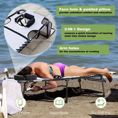 2-Piece Metal Outdoor Lounge Chairs Chaise Lounges with Face Hole, Pillow and Pocket in Beige