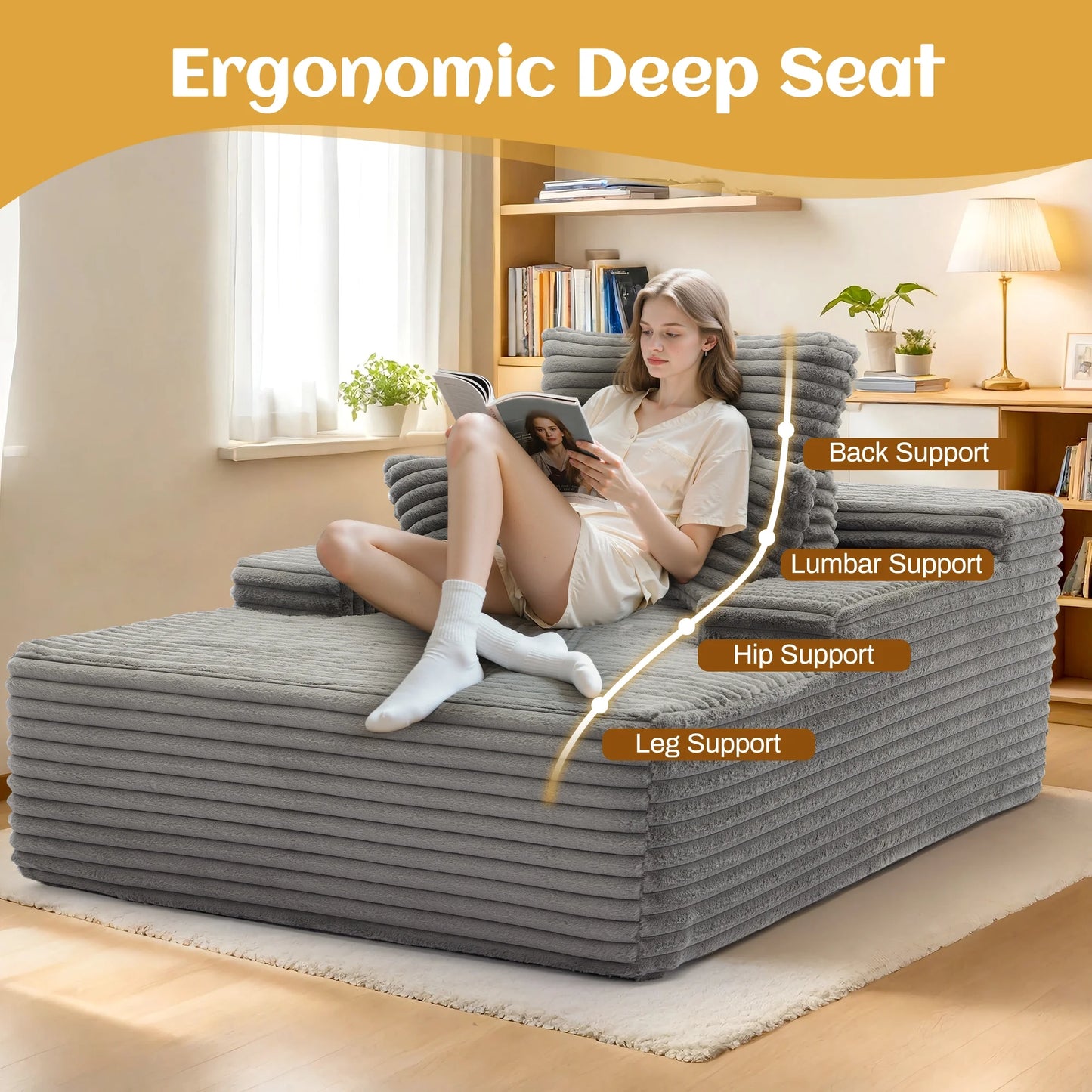 68.5" Boneless Chaise Lounge Chair Indoor, Upholstered Sofa Bed Corduroy Couches for Living Room, No Assembly Required, Grey