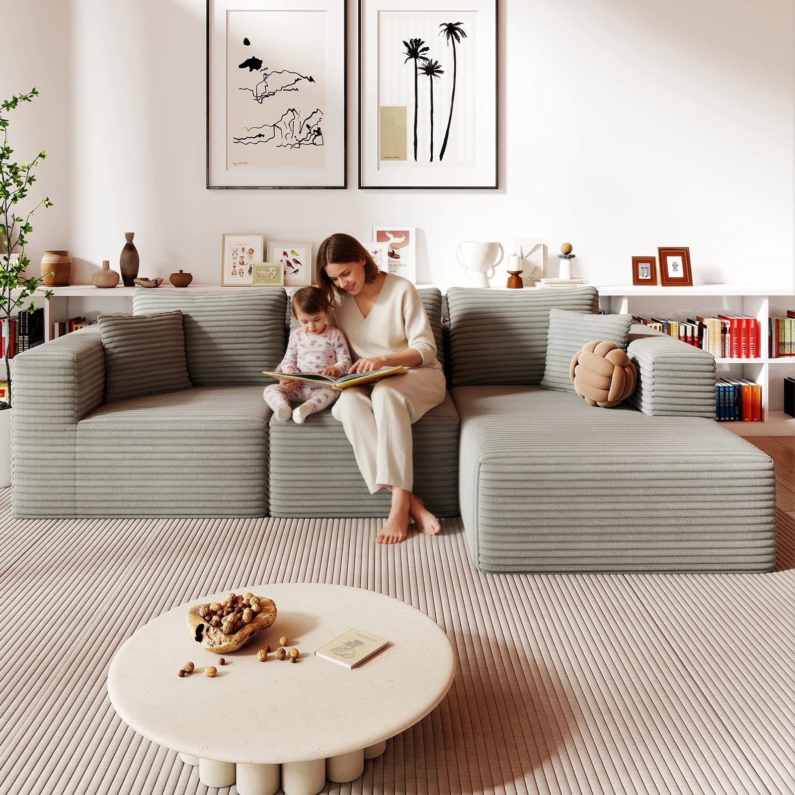 9X5 Feet Boneless Sectional Couch, L-Shaped Cloud Sofa, 3 Seat Modular Memory Foam Couch for Medium Room (Grey, Right Facing Chaise)