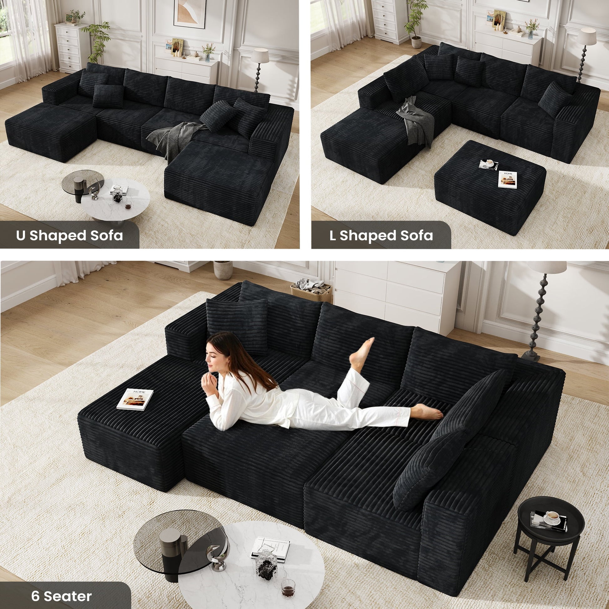 137" U-Shaped Sectional Sofa with Chaise, Modular Cloud Sectional Couch with Deep Seat for Living Room, Modern Boneless Couch with Back Cushion, Pillow, Ottoman, No Assembly Required, Corduroy Fabric