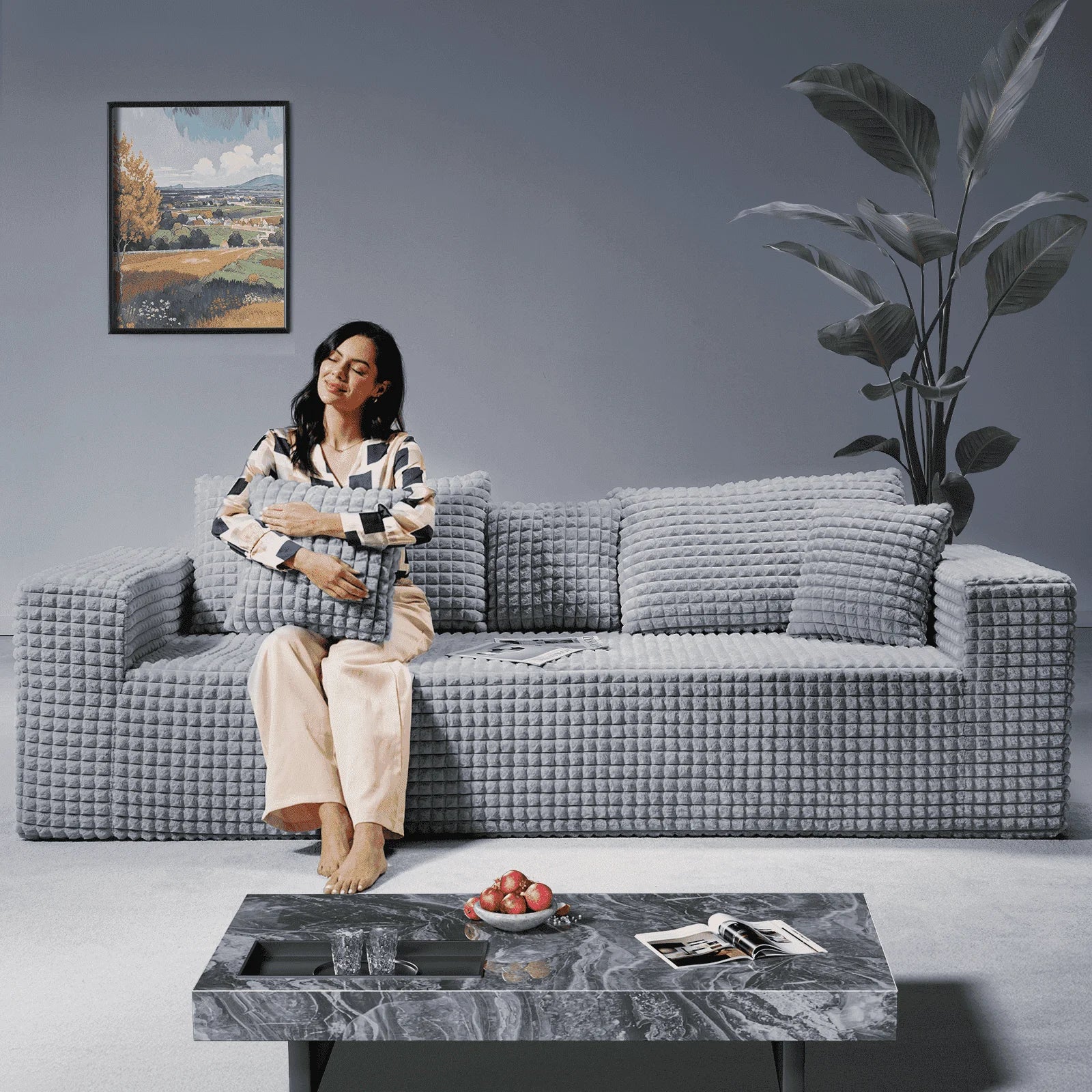 101" Couch for Living Room Furniture Diamond Boneless Sofa with 31-Inch Extra Deep Seat, No Assembly, Gray