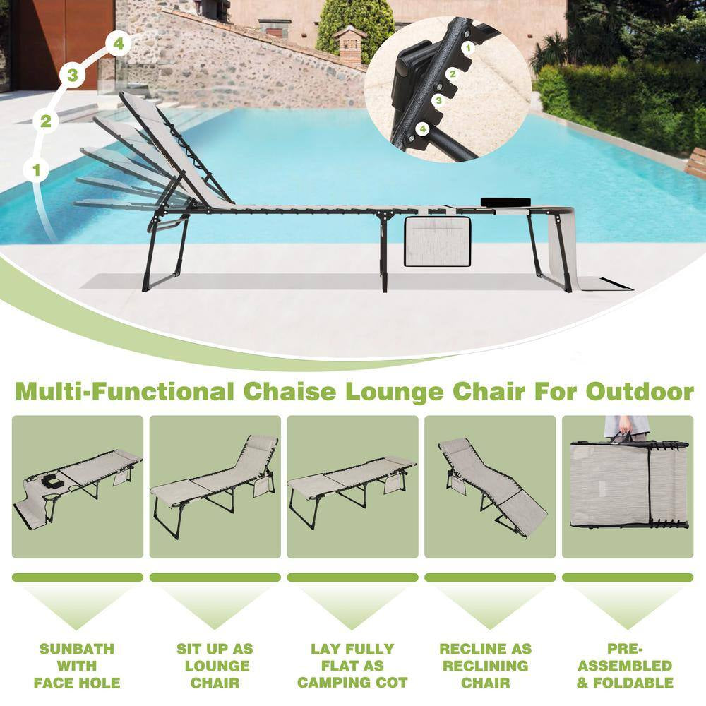2-Piece Metal Outdoor Lounge Chairs Chaise Lounges with Face Hole, Pillow and Pocket in Beige