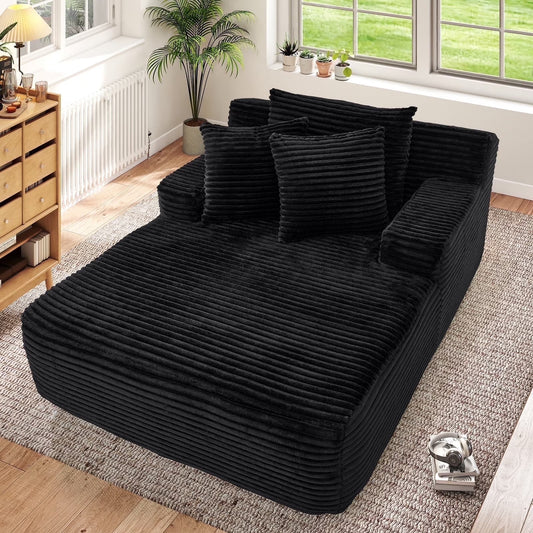 Oversized Chaise Lounge Chair Indoor, No Assembly Required, Plush Corduroy Cloud Floor Sofa Bed for Living Room, Black