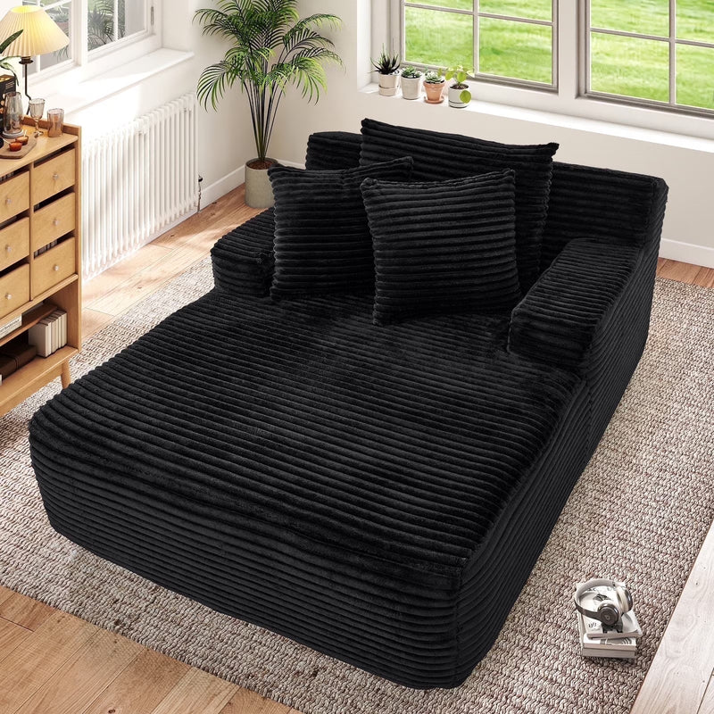 Oversized Chaise Lounge Chair Indoor, No Assembly Required, Plush Corduroy Cloud Floor Sofa Bed for Living Room, Black