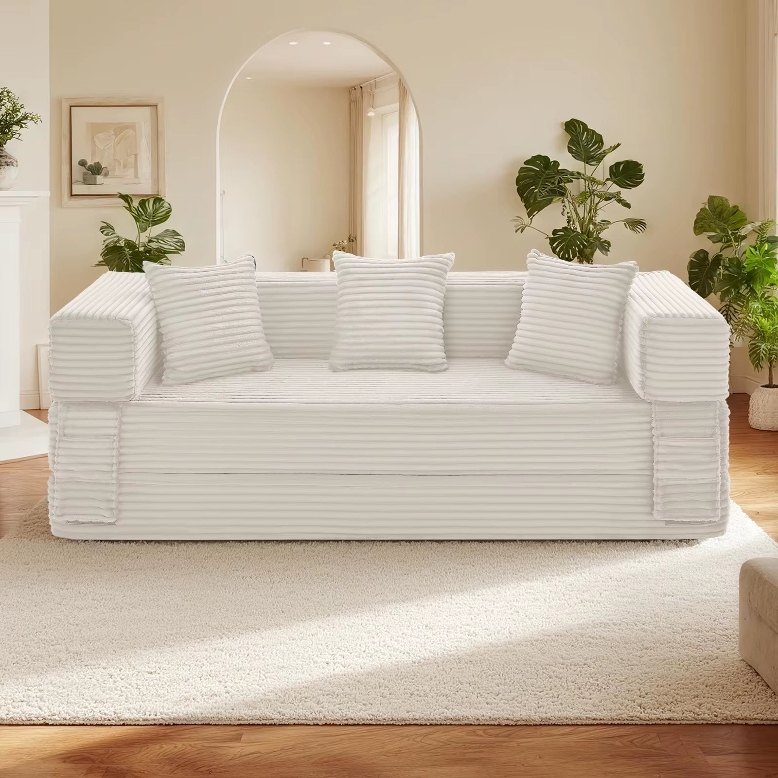 78" Convertible Sofa Bed, Corduroy Deep Seat Folding Pull Out Couch with Pillows, No Assembly Modern Boneless Couch