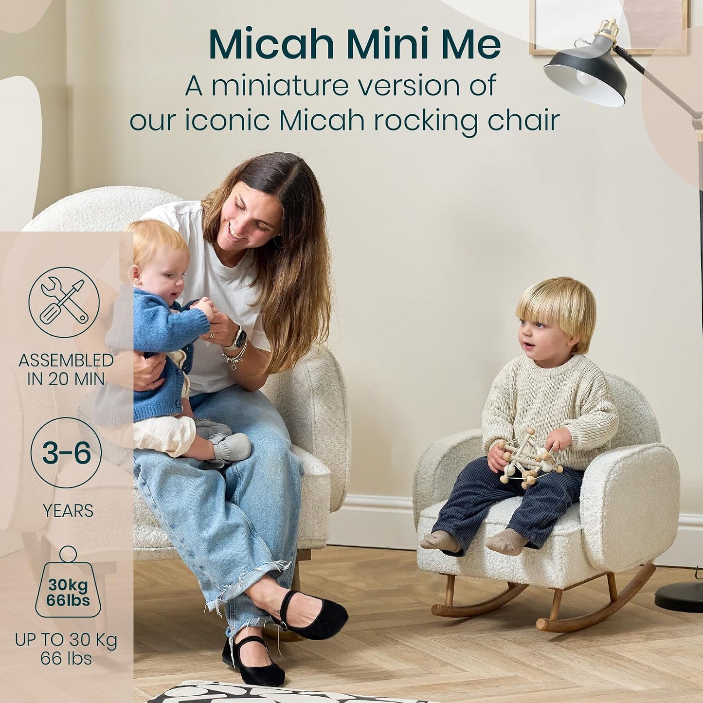 Micah Mini Me Kids Rocking Chair - Co-Ordinated Bouclé Rocking Chair for Toddler, Rounded Backrest & Rubberwood Rocking Bars, Toddler Rocker for Kids from 3 to 6 Years (Fresh Cream)