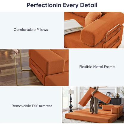 Folding Sofa Bed | Convertible Futon Sleeper Couch | Modern Floor Mattress | Corduroy Sofas and Couches for Living Room - Orange