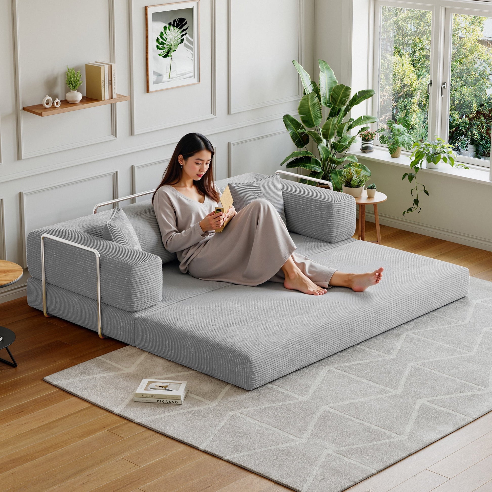 Convertible Sleeper Sofa Bed,Compressed Floor Boneless Couch,Modular Modern Corduroy Sofa for Living Room Bedroom,Easy Assembly(Grey)78.8''